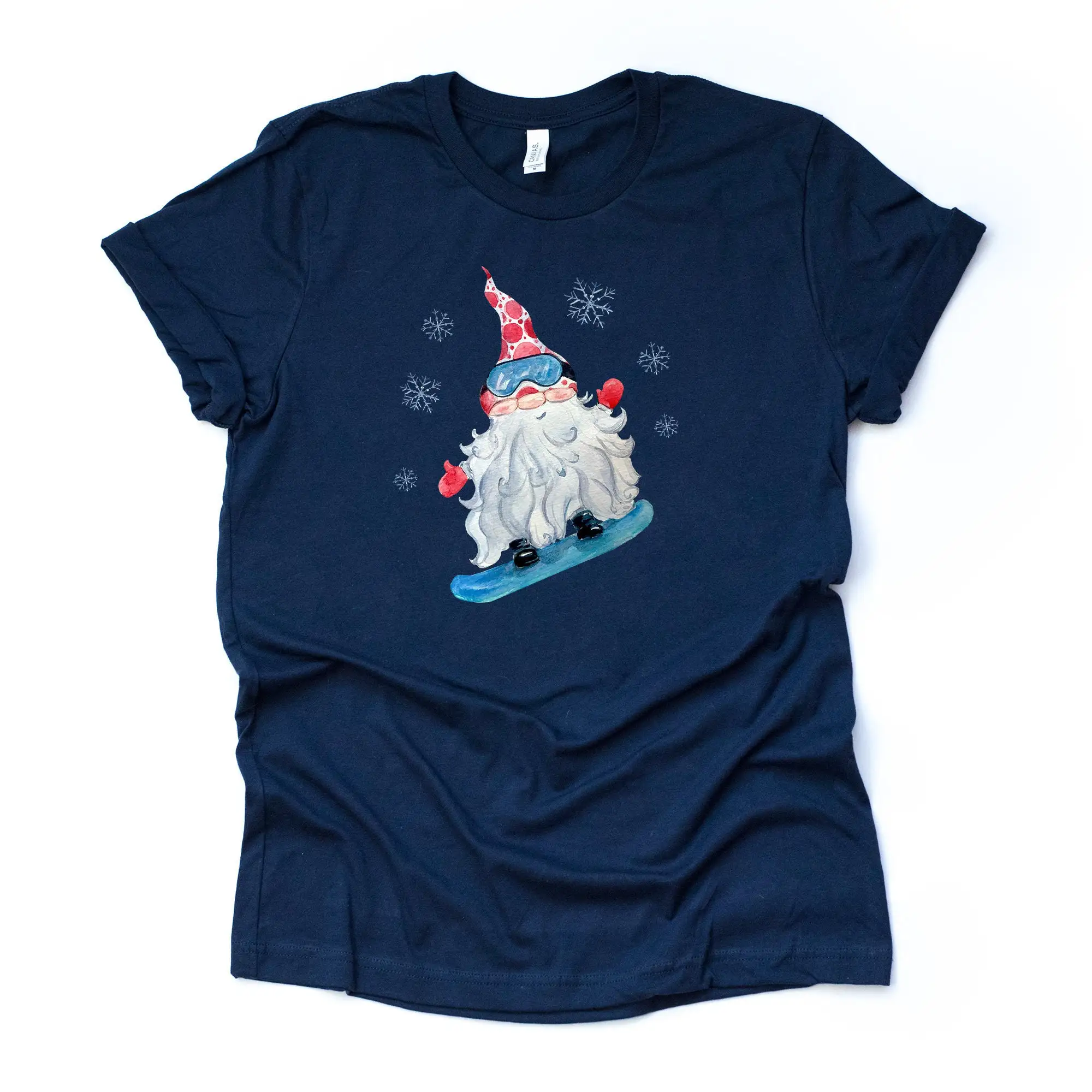 Christmas T Shirt Watercolor Gnome Snowboarding In Snow Design On Premium Unisex 2 Color Choices Plus Size Available