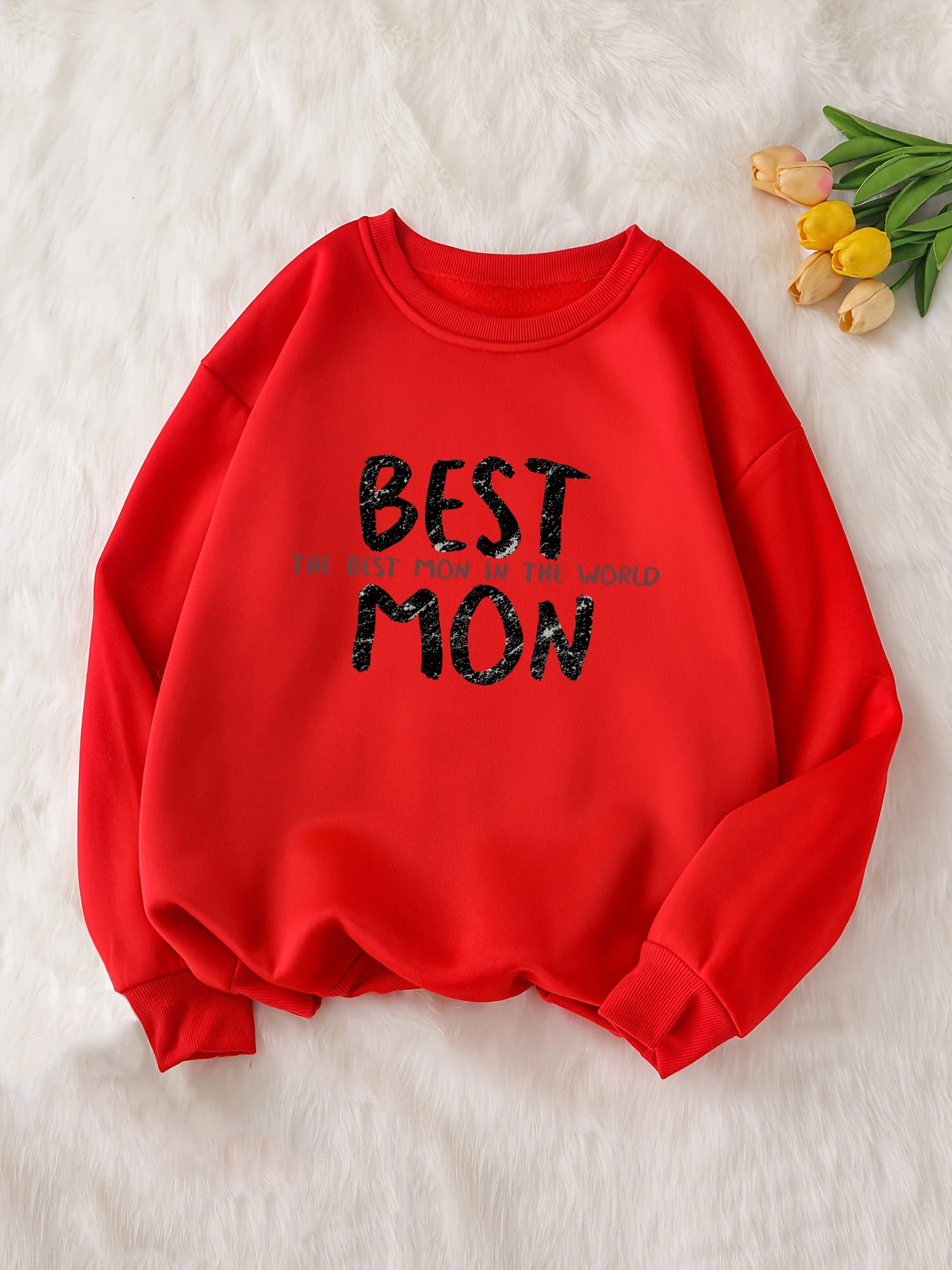 Multi-coloured text design print simple trend red hoodless comfortable sweater, high end tops fashion women\'s clothing