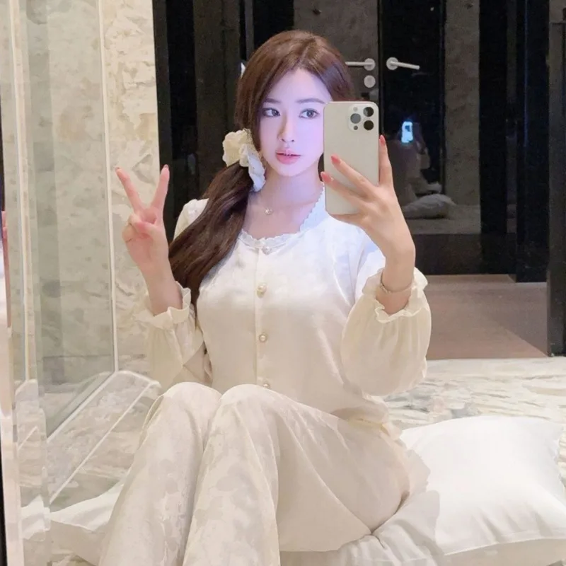 

Осень-зима 2024, однотонные женские пижамы из ледяного шелка, брюки с длинными рукавами, комплект из двух предметов с кружевной отделкой, жаккардовая домашняя одежда, ночная рубашка