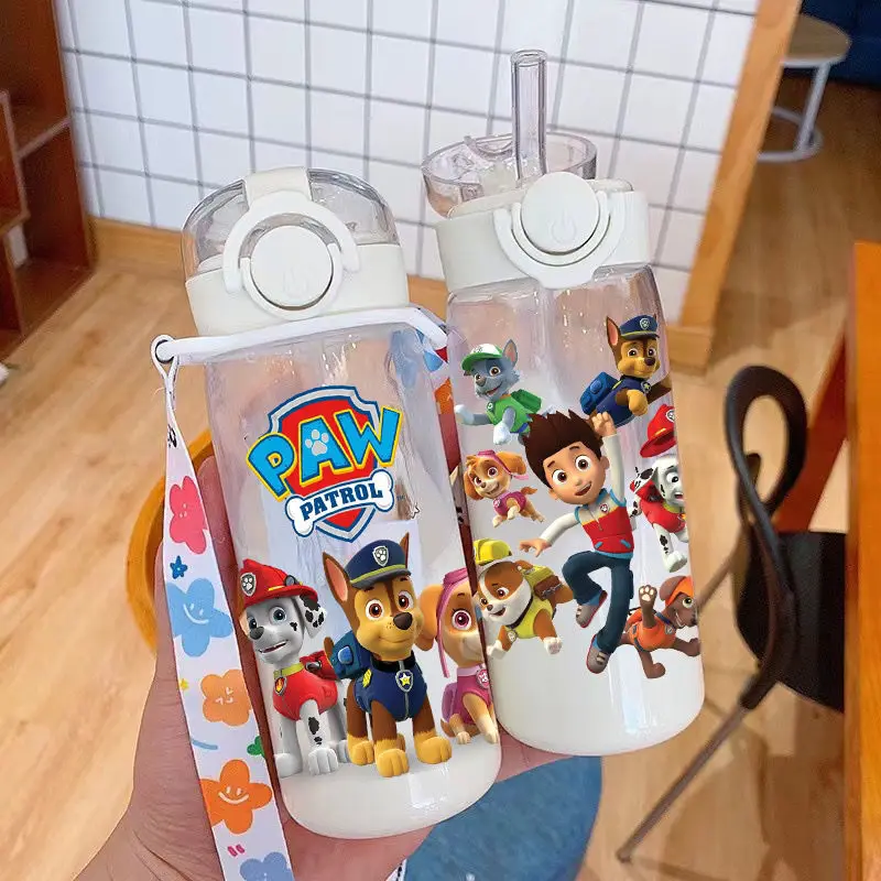 Paw Patrol Straw Cup Bottles Cute Dog Captain Ryder Water Bottle for Children Students Transparent Plastic Anti Drop Kids Gifts