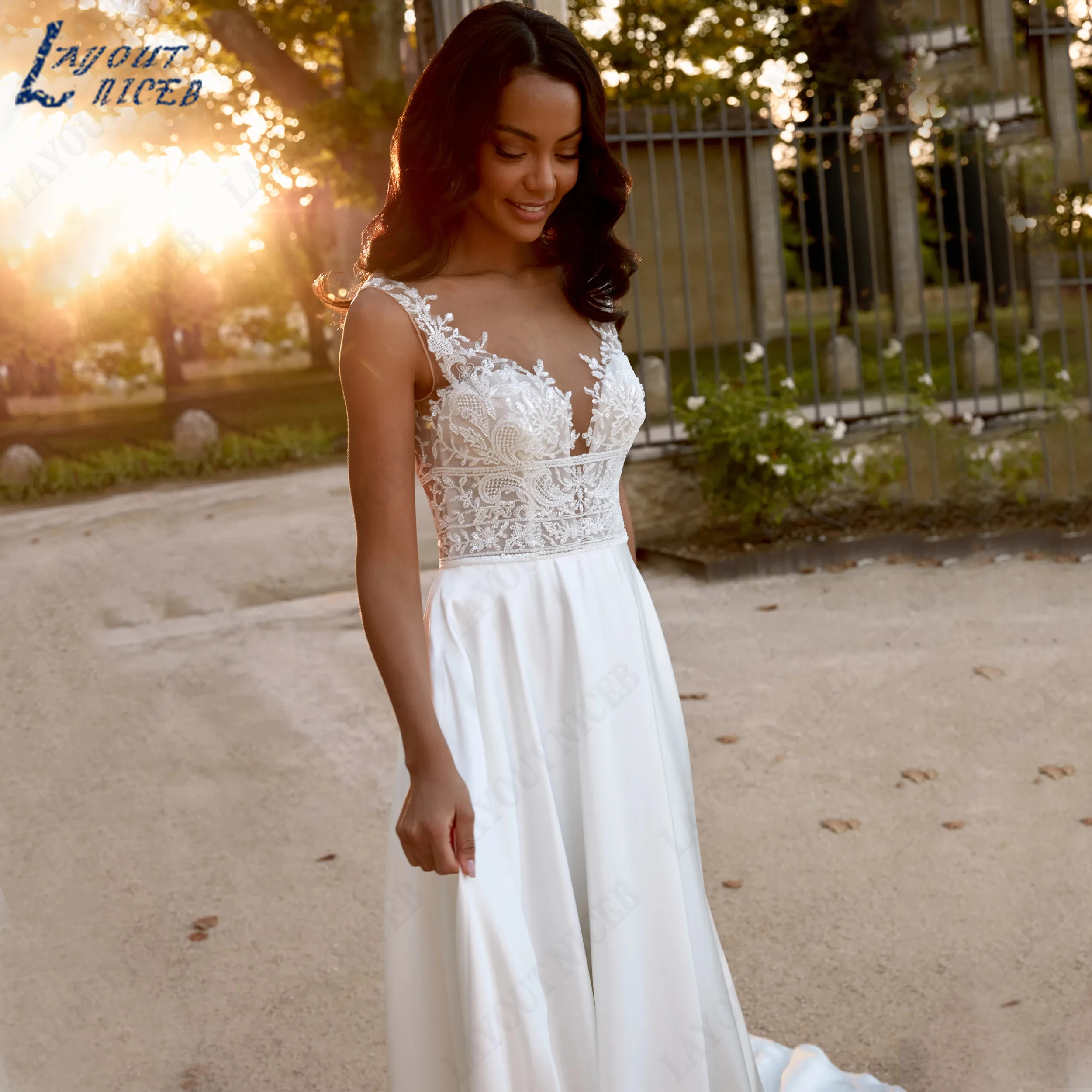 LAYOUT NICEB Customized V Neck Sleeveless Bridal Gown Soft Satin A Line Lace Gowns For Bride Spaghetti Straps Wedding Dress