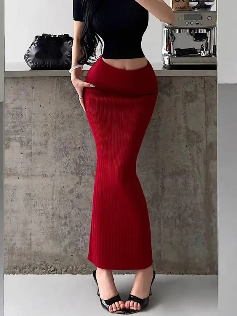 Mature Style Pure Desire Sexy Double Layer Turn Waist Slim Fit Slimming Knitted Bodycon Midi Skirt Long Skirt Fashion  FTB5