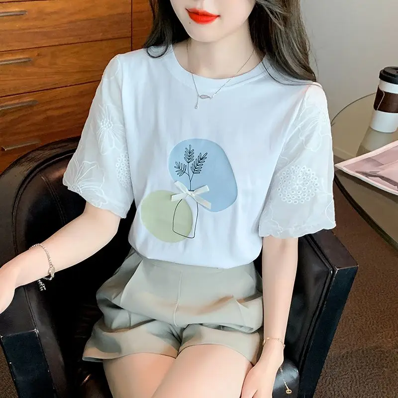 Sweet O-Neck Printed Spliced Bow Puff Sleeve Blouses Female Clothing 2025 Summer New Loose Korean Pullovers Tops Casual Shirts