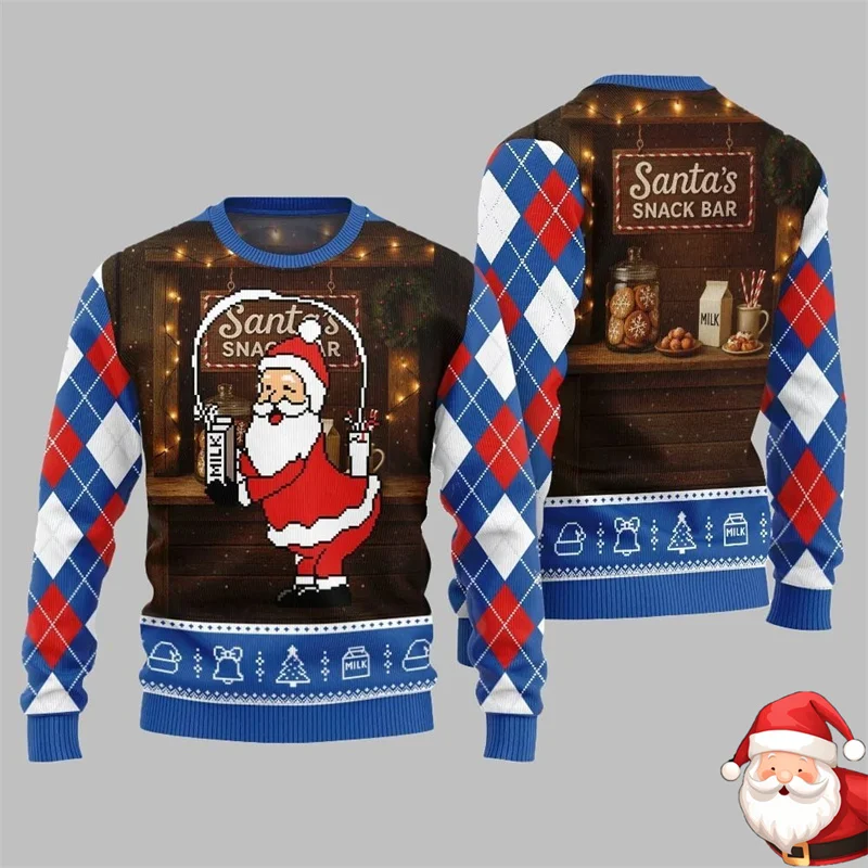 Weihnachten 2025, seltsamer Weihnachtsmann, Snackbar, hässlicher Weihnachtspullover für Männer, kariertes Langarm-Sweatshirt, neue Festival-Geschenkkleidung