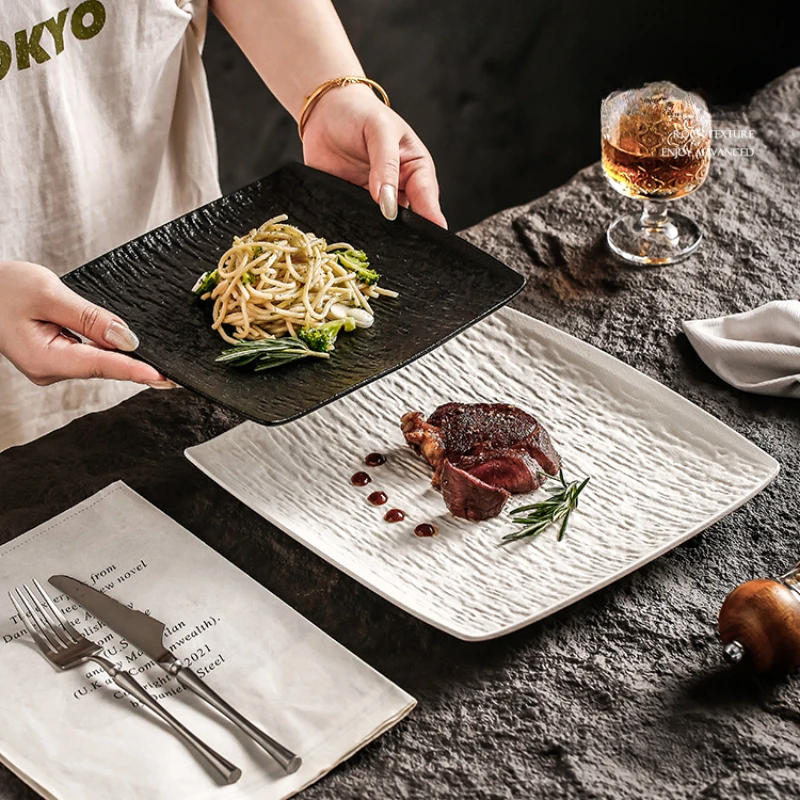 White and black ceramic steak plates, household Japanese plates, salad plates, high-end tableware