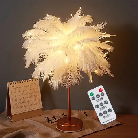 Yaratıcı tüy masa lambası uzaktan kumanda ile USB/AA pil gücü masa lambası ağacı tüy abajur gece lambası doğum günü için