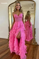 Amanda Lace Embroidery vestidos de noche Strapless Chiffon A-line Prom Dresses Elegant Sleeveless Floor-Length Formal Evening