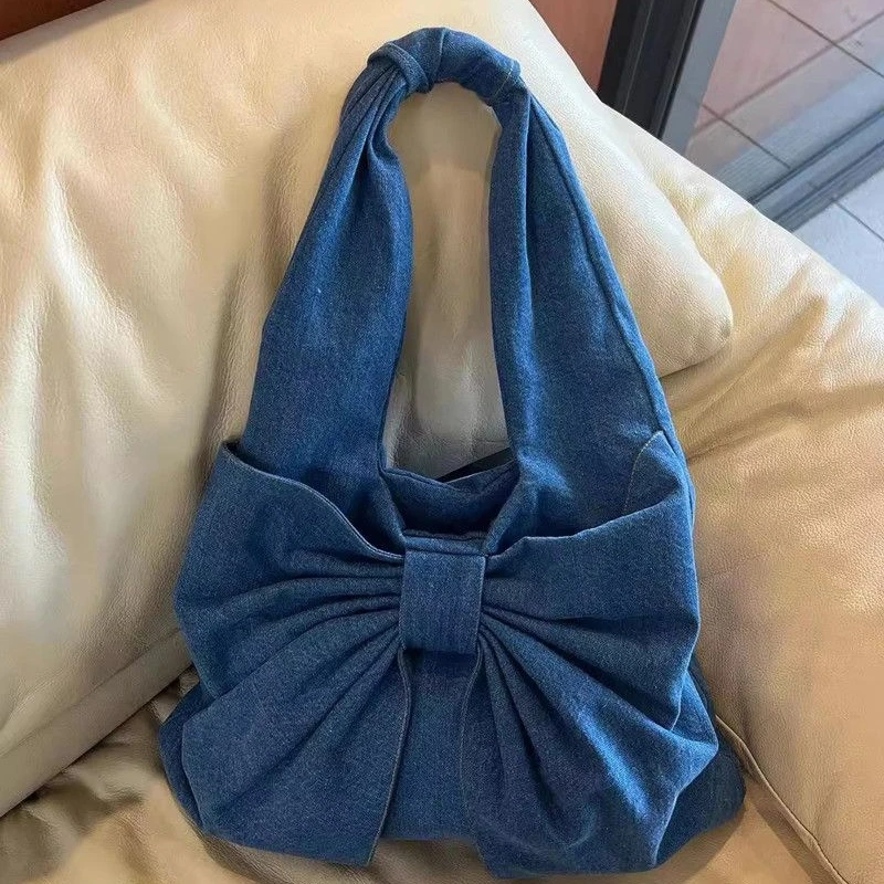 Borsa a tracolla in Denim con fiocco carino borsa a tracolla leggera Kawaii da viaggio per il tempo libero di nicchia di grande capacità per le donne