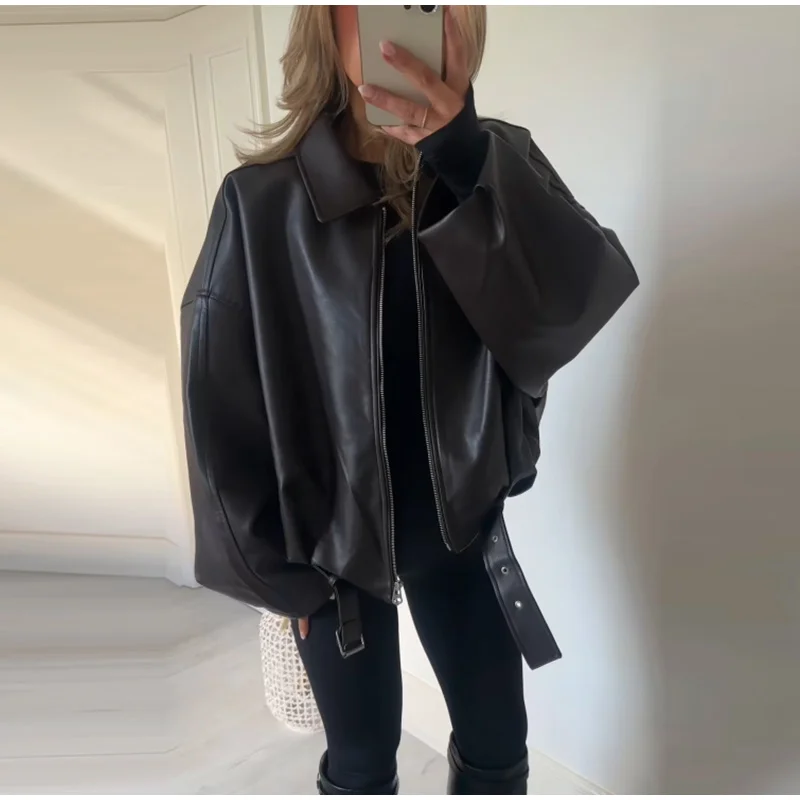 Women's Belt Leather Jackets Loose Lapel Zipper Long Sleeve Pockets Female Coats 2026 Autumn Lady Fashion Y2k Outwear