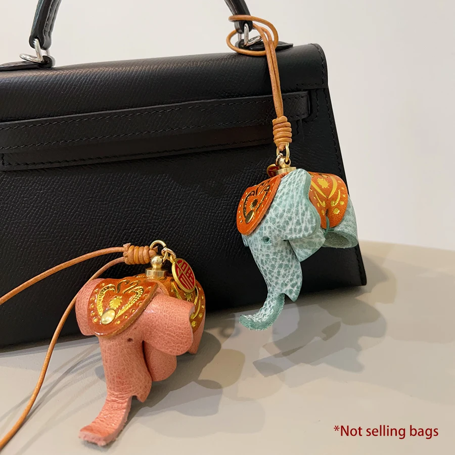 Elephant Cowhide Leather Keychain Bag Charm Lucky Animal Key Chain Pendant Women Bags Pendants