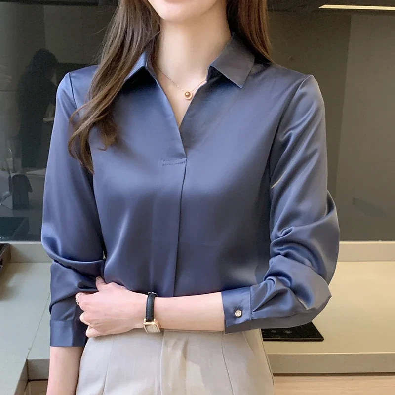 2024 Autumn Simple and Elegant Blue Shirt for Slimming Long Sleeves Turn Down Collar Chiffon Blouse Shirt Women Tops Traf C05