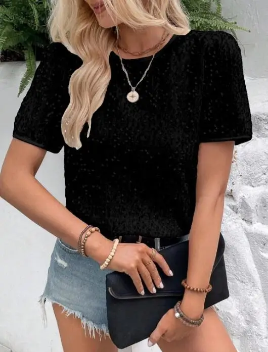 2025 여름 신상 인기 출퇴근용 루즈핏 반팔 백넥 라운드넥 탑 여성용 글리터 티셔츠