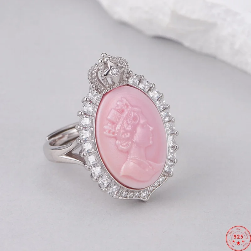 S925 Sterling Silver Charms Rings for Women Men Argentum Edge Pink Sea Shells Beauty Head Micro Zircon Fashion Classic Jewelry