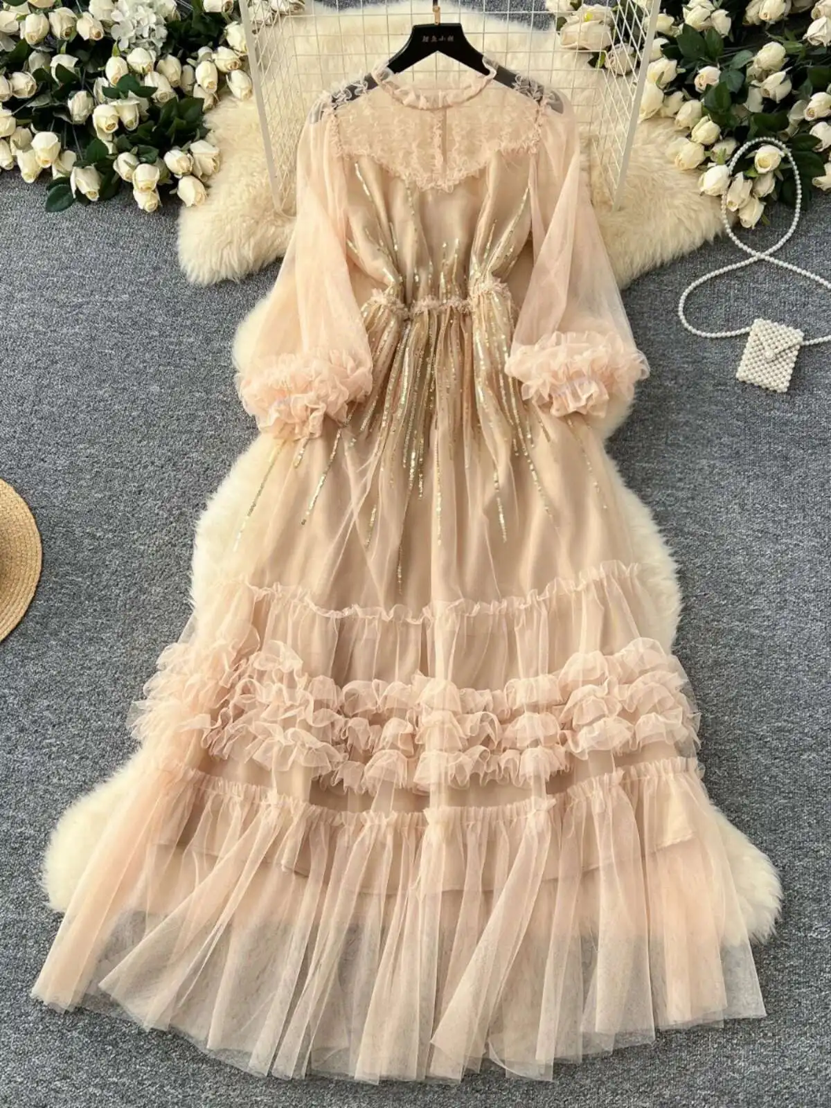 Vestidos largos de tul bordados elegantes para mujer, Vestidos de fiesta de lentejuelas a rayas de malla de manga larga para vacaciones de verano, bata por debajo de la rodilla