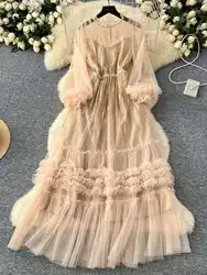 Elegant Embroidery Tulle Long Dresses For Women Summer Holiday Full Sleeve Mesh Striped Sequins Party Vestidos Midi Robe