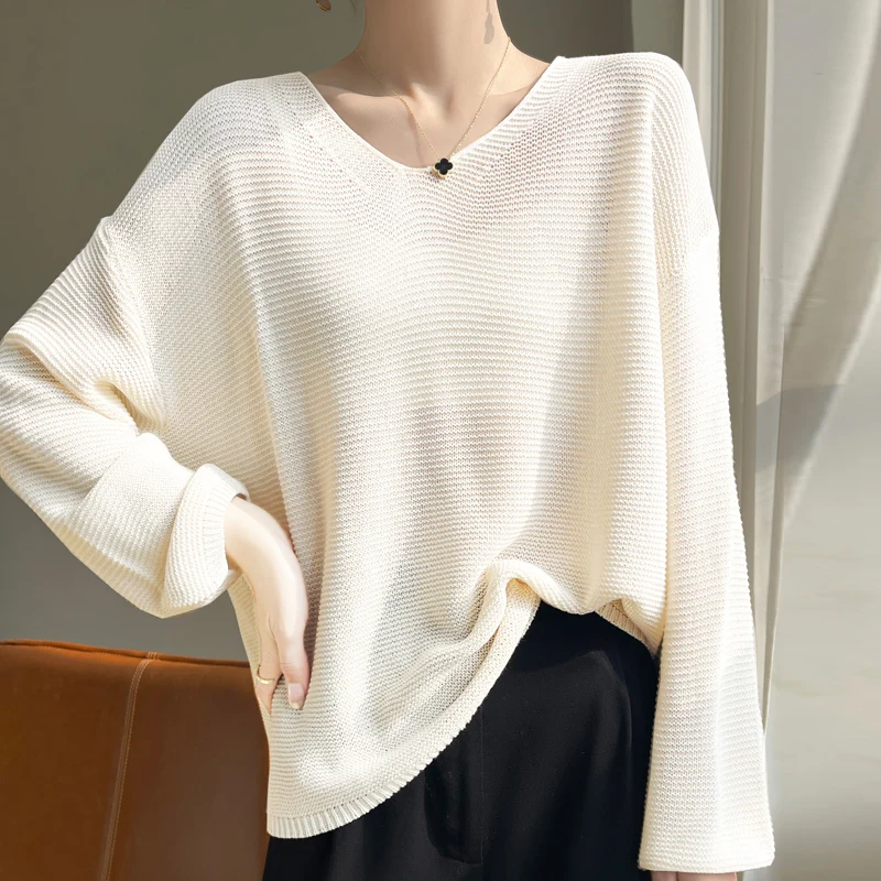 

Spring/Autumn New Women's Pullover Casual Solid Knitted Sweater V-neck Blouse Korean Ladies Clothing Y2K Loose Tops