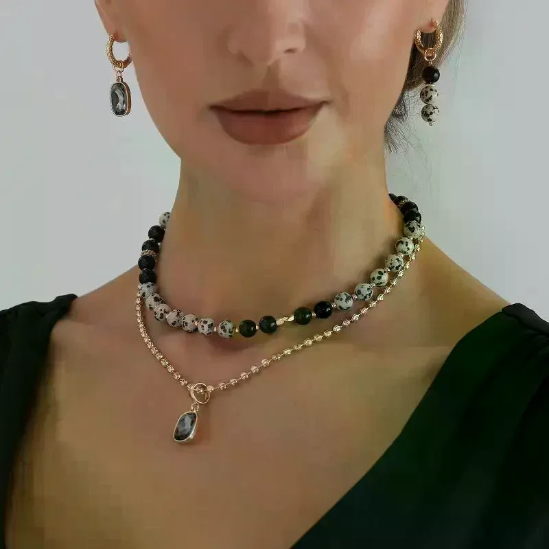 1/2 Set Retro Black Stone Bead Double Layer Necklace Non-fading Fashion Jewelry for Women Dating Gathering Wear
