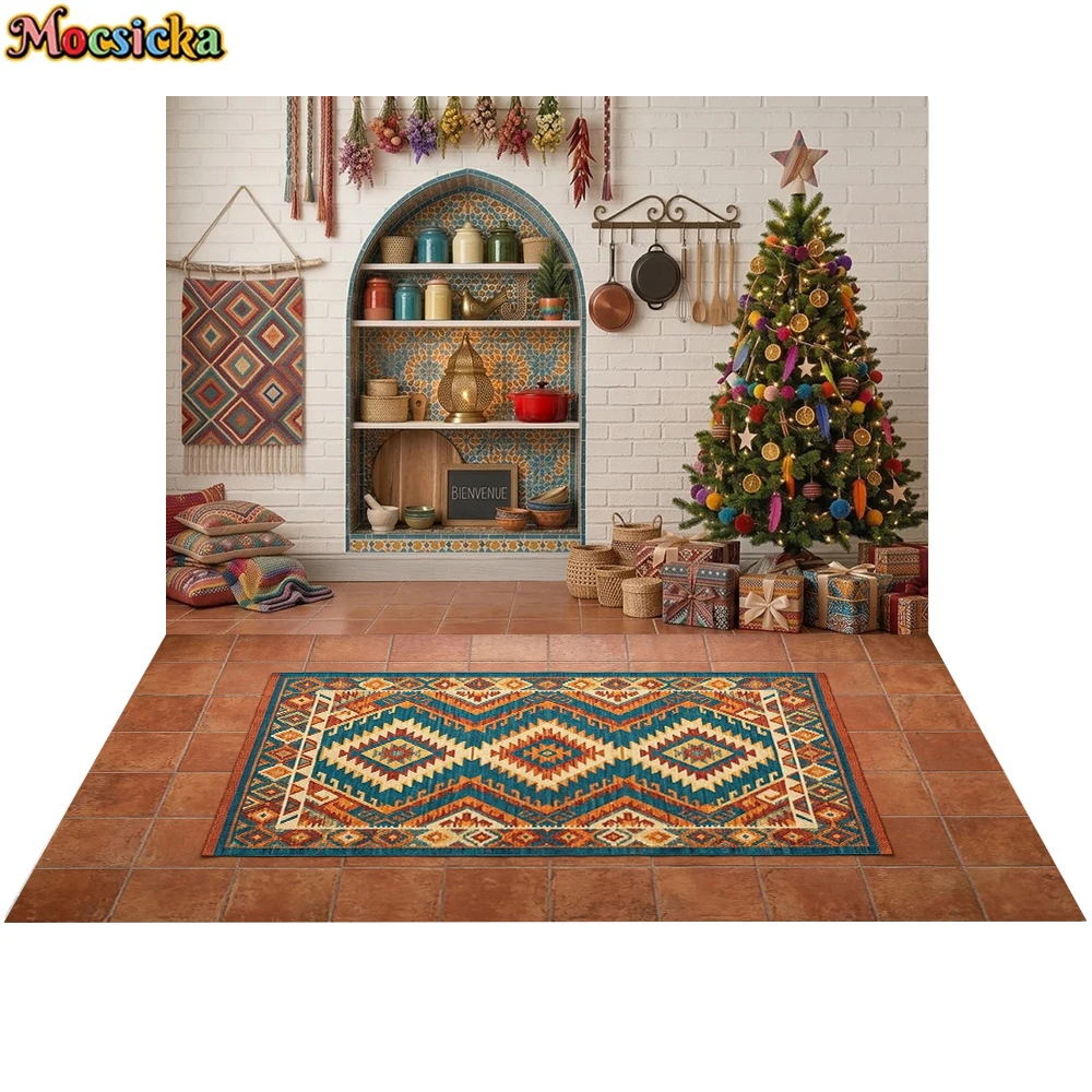 Mocsicka Winter Christmas Photo Backdrop Fireplace Xmas Tree Gift Decor Background Floor Rug Kid Adult Holiday Portrait Shooting