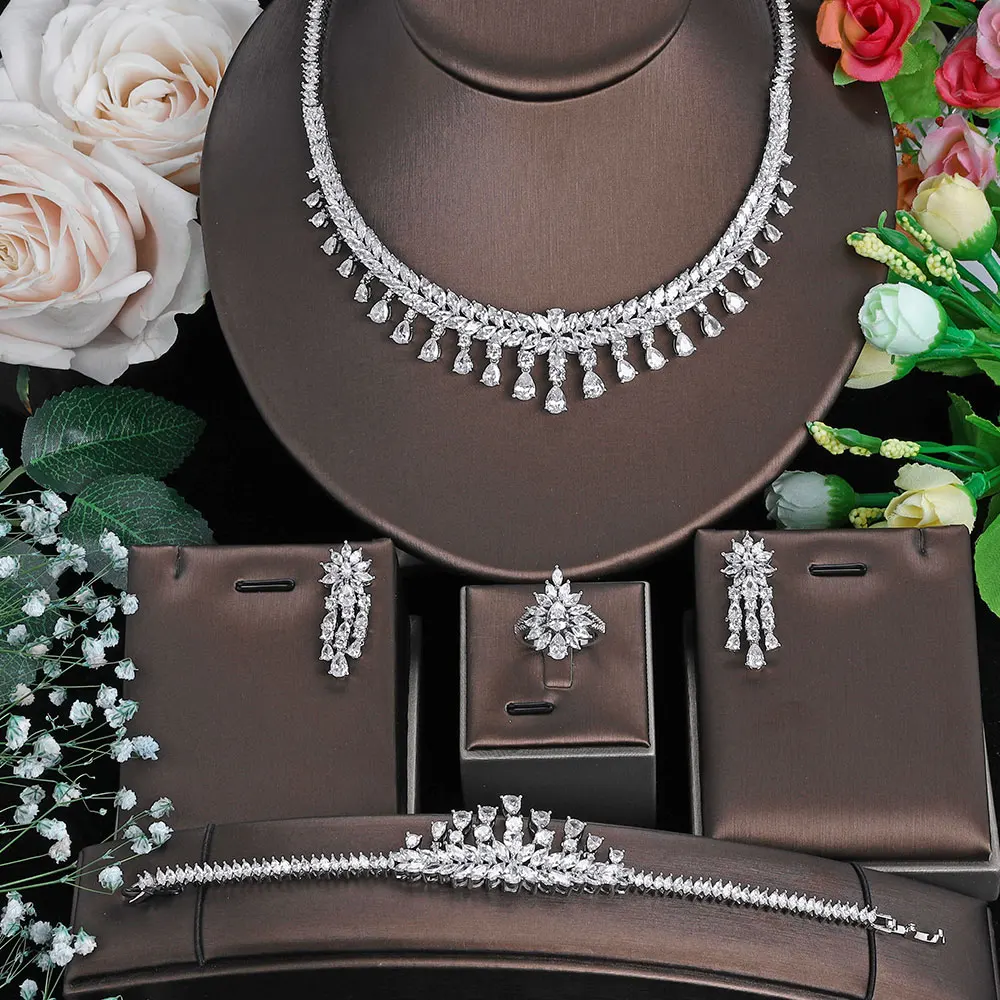 

2022 New 4-piece Set Cubic zirconia Necklace Bridal Wedding Jewelry Set Hot in Saudi Arabia and Africa