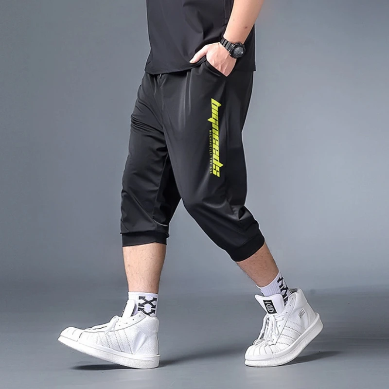 여름 아이스 실크 바지 남성용 바지 크롭 캐주얼 바지 루즈핏 남성 스포츠 바지 울트라씬 스타일