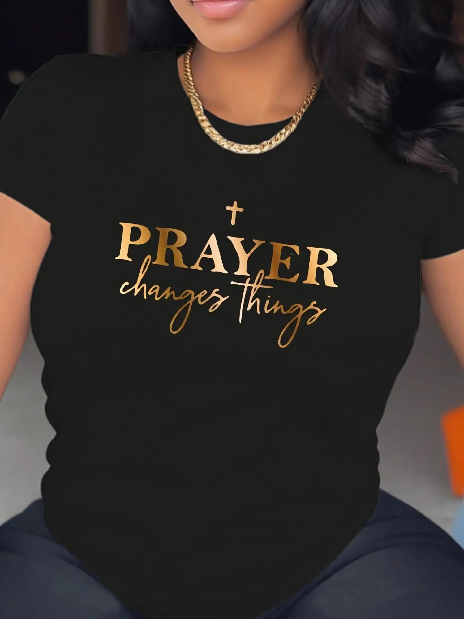 

Prayer Print T-Shirt Casual Prayer Print Crew Neck T-Shirt Women's Clothing For Spring Summer
