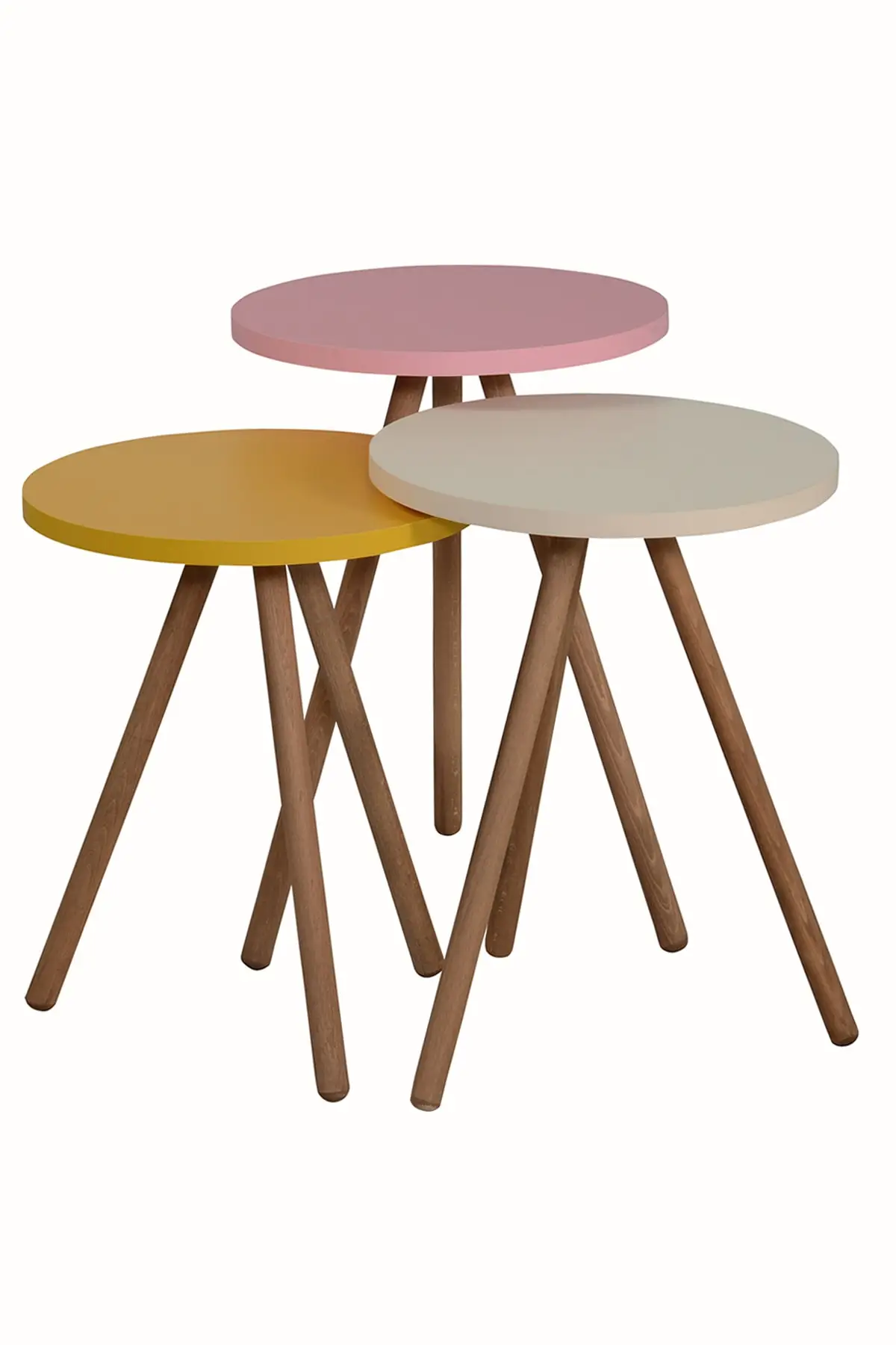 DOLBOVI Color Triple Zigon Coffee Table Wood Pedestal Round Pastel Design Yellow Cream Pink Coffee Table