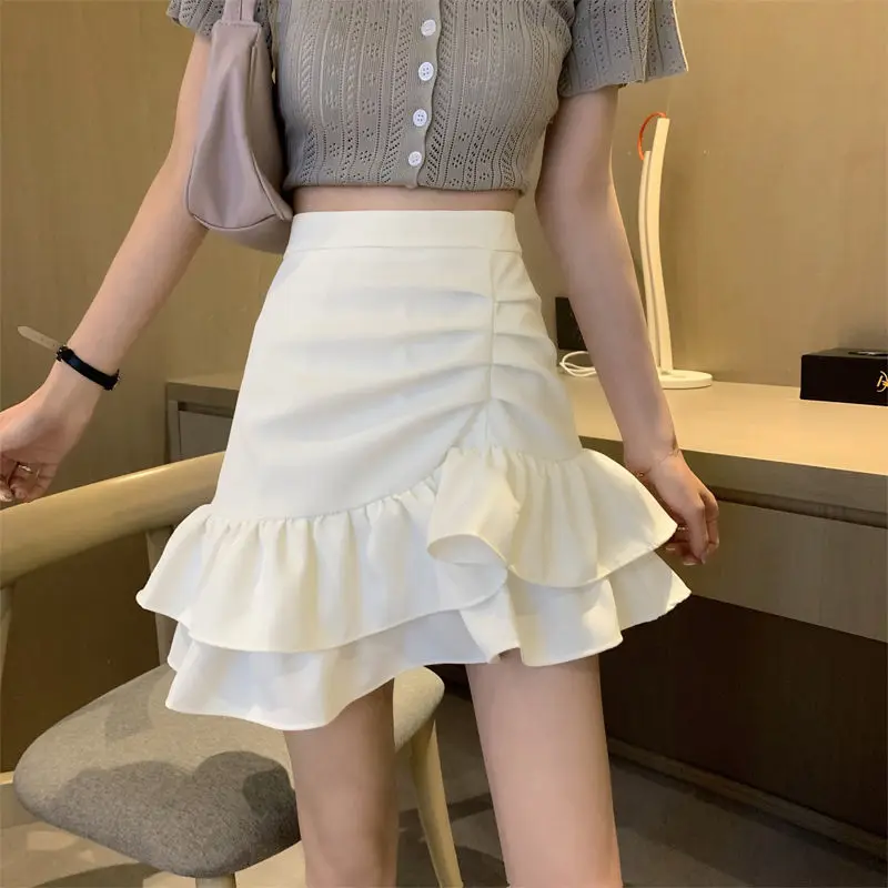 2023 New Summer Fashion Exquisite High Waist Pleated Covering Stomach Slim Irregular Ruffle Edge Versatile Style Fishtail Skirt