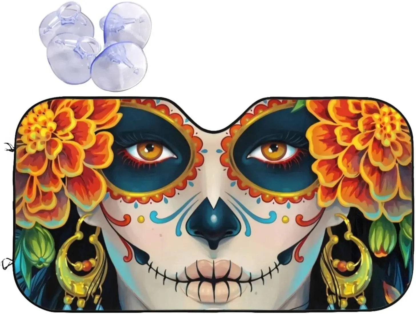 

Windshield Sun Shade Funny Sunshade for Car Windshield for Women Foldable Sugar Skull and Roses Day of Dead Blocks UV Ray