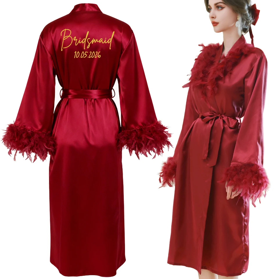 ชุดคลุมอาบน้ำเจ้าสาวแบบขนนกสุดหรูพร้อมวันที่แต่งงานส่วนตัว ชุดนอนเจ้าสาวสำหรับงานแต่งงาน