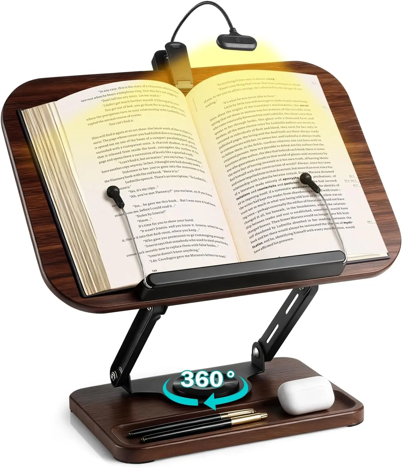 

Деревянная подставка для книг с подсветкой и отсеком для хранения, регулируемая по высоте и вращающаяся на 360° ° Угол наклона для чтения без помощи рук: для рецептов, журналов, ноутбуков