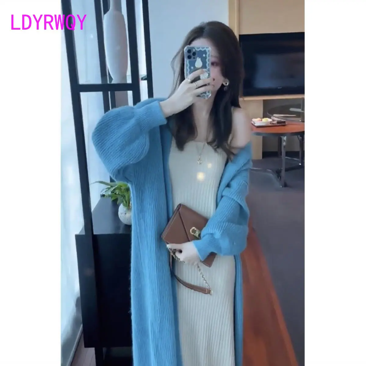 Languid lazy wind knit dress set female spring new loose in long sweater cardigan + suspenders base skirt