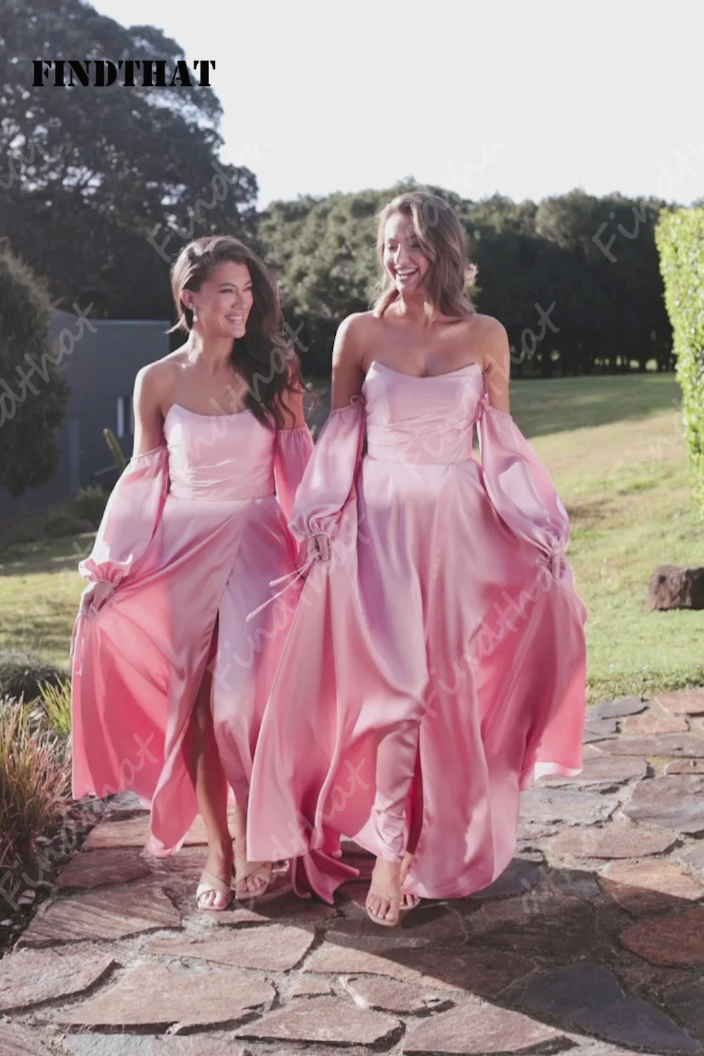 Findthat Strapless Satin Bridesmaid Dresses 2024 Off Shoulder Detachable Long Sleeves  A-Line Evening Formal Gown with Side Slit