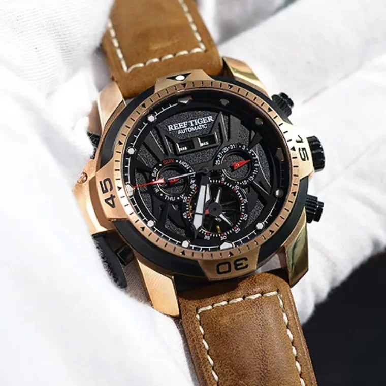 

Reef Tiger Men Automatic Watch 46mm Mechanical Wristwatch Perpetual Calendar Year Month Week Date Sapphire Skeleton Dial RGA3532