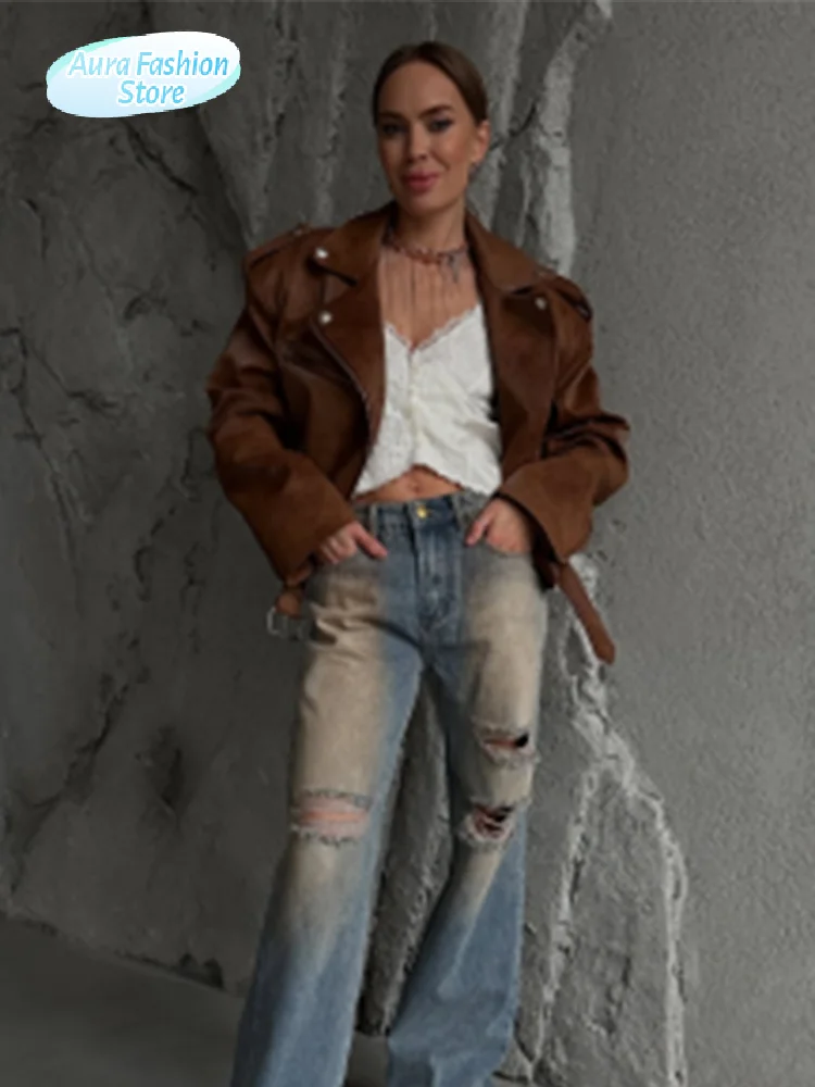 

Women's Brown Belt Jacket Lapel Collar Zipper Full Sleeve High Waist Cropped Outerwear 2025 Autumn Fashion Street Lady Jackets