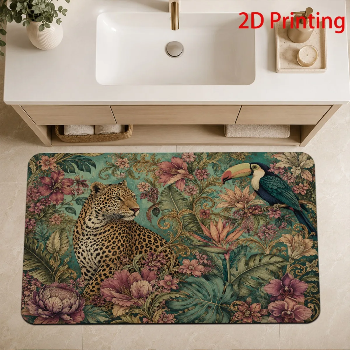 Tropical Jungle Leopard and Toucan Bathroom Mat Rug for Bathroom Vanity Sink Area Home Decor