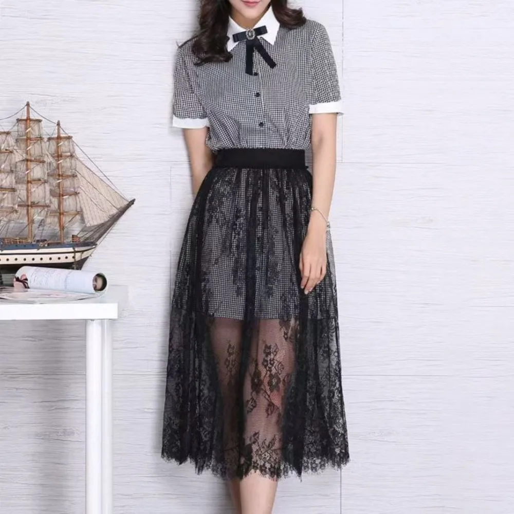 Fashion Transparent Sexy Lace Mesh Skirt 2 Length Lace Long Tulle Skirt Elegant Elastic High Waist Midi Skirt Ladies