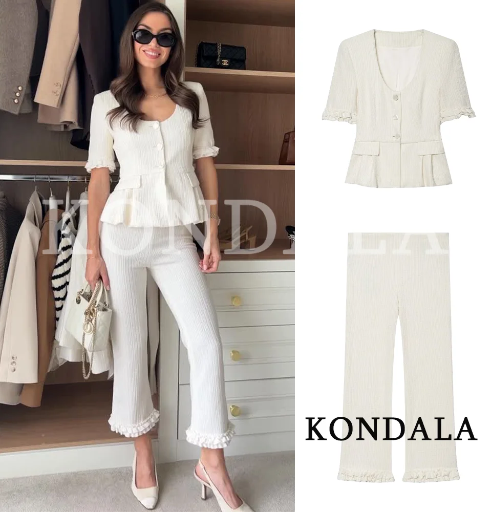 Damen Freizeit-Chic Schlaghosen-Anzug KONDALA 2026 Sommer Stilvolles Elegantes Urlaubs-Slim-Set Kurzarm U-Ausschnitt Jacke, Lange Hose