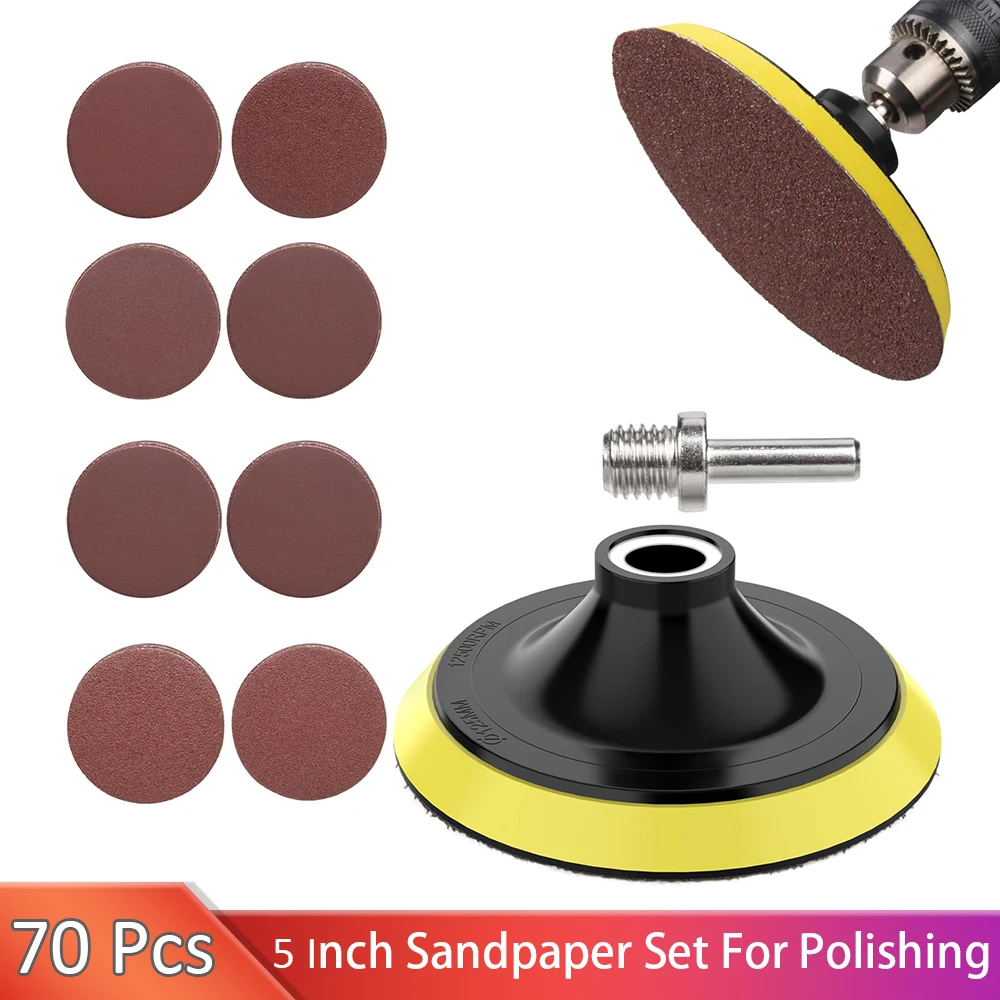 

5" Hook & Loop Sanding Discs 70PCS Sandpaper Finishing Discs With M10 Threads & 5/16" Shank for Surface Prep Strip Grind Polish