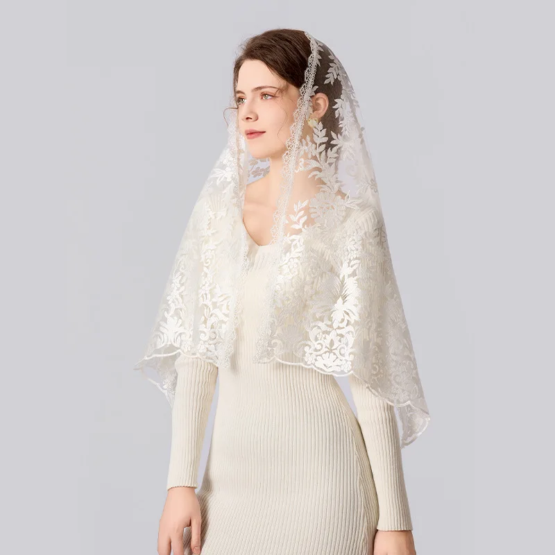 Image of Spitzen-Mantilla-Schleier für die Kirche, weiß, schwarz, spanische Messe, Kapelle, katholische Schleier für Frauen, Kopfbedeckung, Brautschleier für die Hochzeit