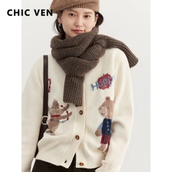 CHIC VEN Women's Cardigan Retro O Neck Jacquard Bear Sweaters Knitted Female Jumpers Woman Top Spring Autumn 2024