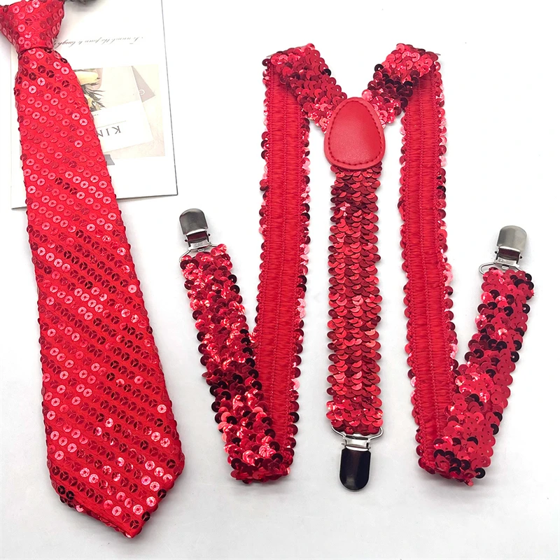 Men Suspender Set With Necktie Elastic Y Type Heavy Duty 3 Clips Braces Sequined Suspenders With Tie Set Gift