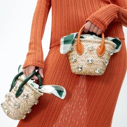 Summer New Women's Holiday Diamond Beach Bag Orange Mini Woven Basket Girls Grass Woven Handbag Crossbody Bag Female