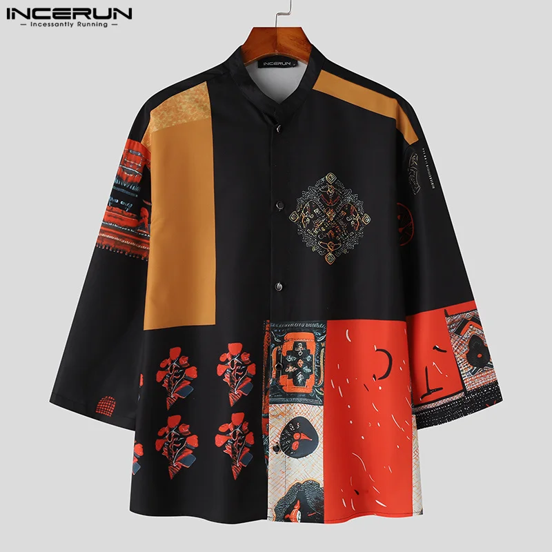 Men Shirt Ethnic Style Printing Stand Collar 3/4 Sleeve Vintage Men Clothing 2024 Streetwear Loose Casual Male Shirts INCERUN