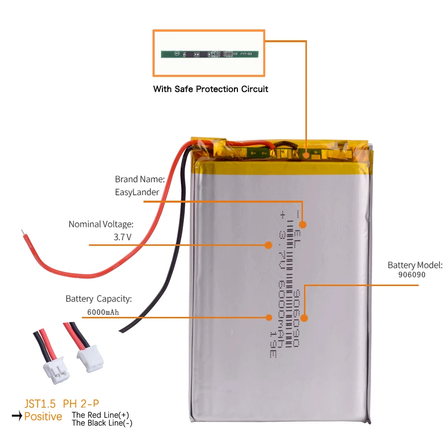 JST-PH 1.5 مللي متر 2Pin 3.7 6000mAh 906090 ليثيوم أيون يبو بوليمر بطارية 306090 406090 506090 606090 706090 806090 106090 126090