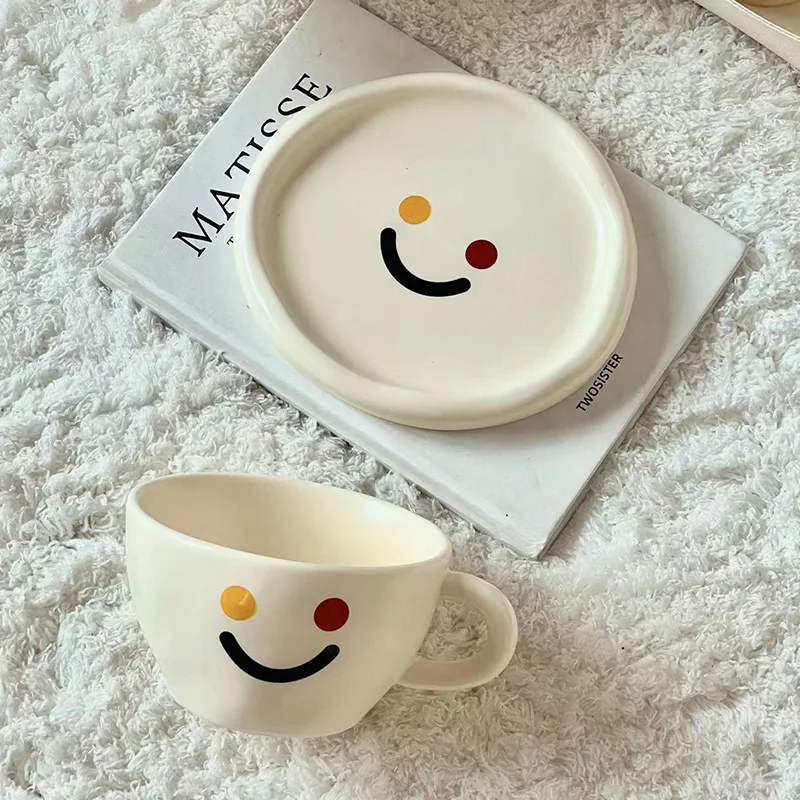 Cute Ceramic Mug for Coffee With Tray Saucer Hand Painted Smiling Face Pattern Ins Style Cup for Girls Kids Lovers 250ml 1 PC