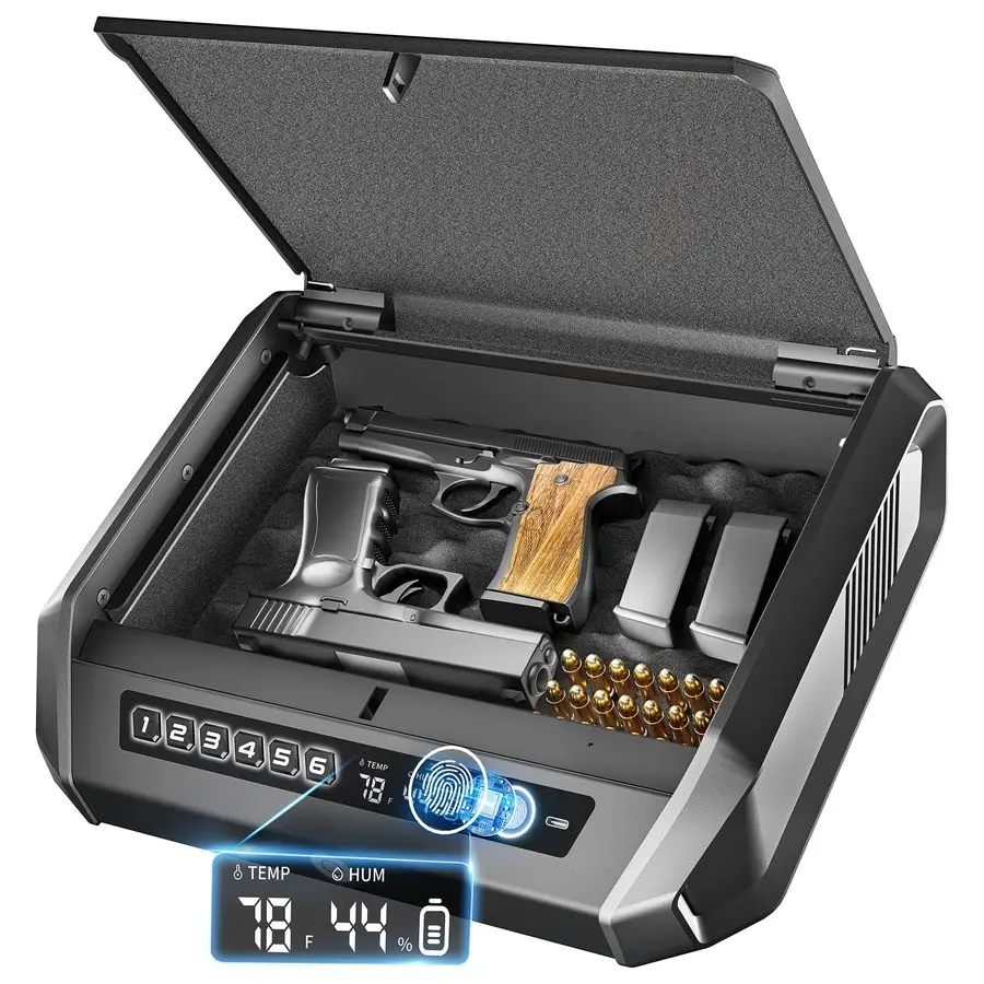 آمن مع شاشة LCD، مسدس وصول سريع 0.1 ثانية آمن لـ 24 مسدسًا، صندوق قفل مسدس اليد مع لوحة مفاتيح بصمة الإصبع وإعادة شحن المفاتيح