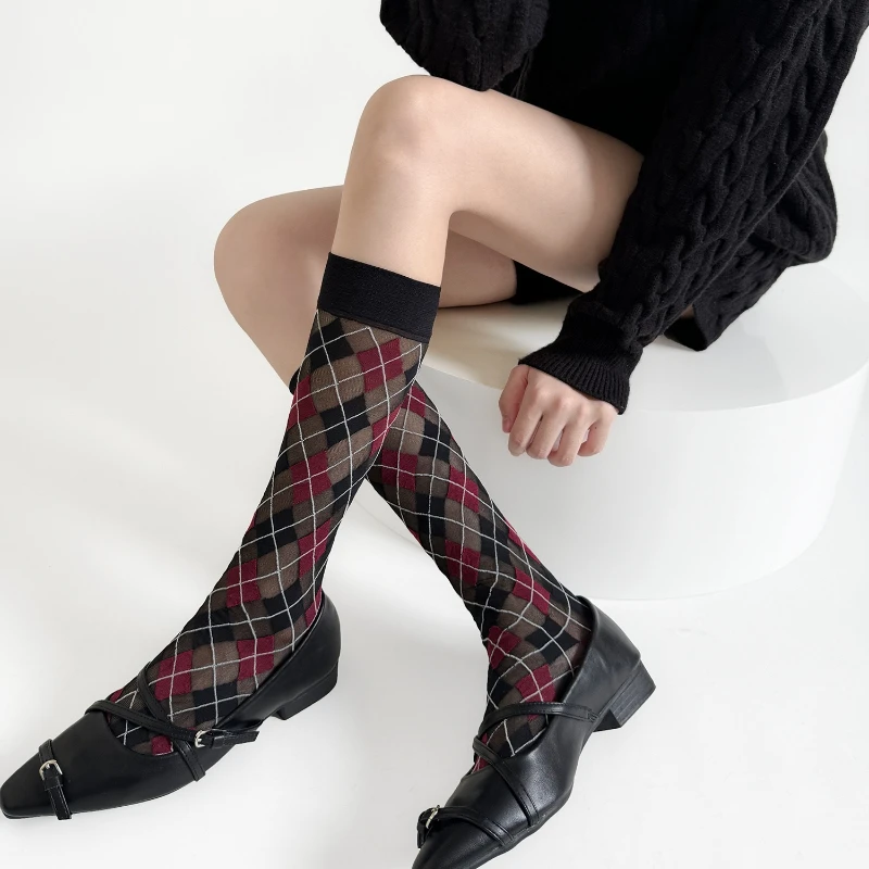 Spring College England Style Diamond Checkered Calf Socks Thin Velvet Retro Women's Mid Tube Socks Japanese JK Short Stockings