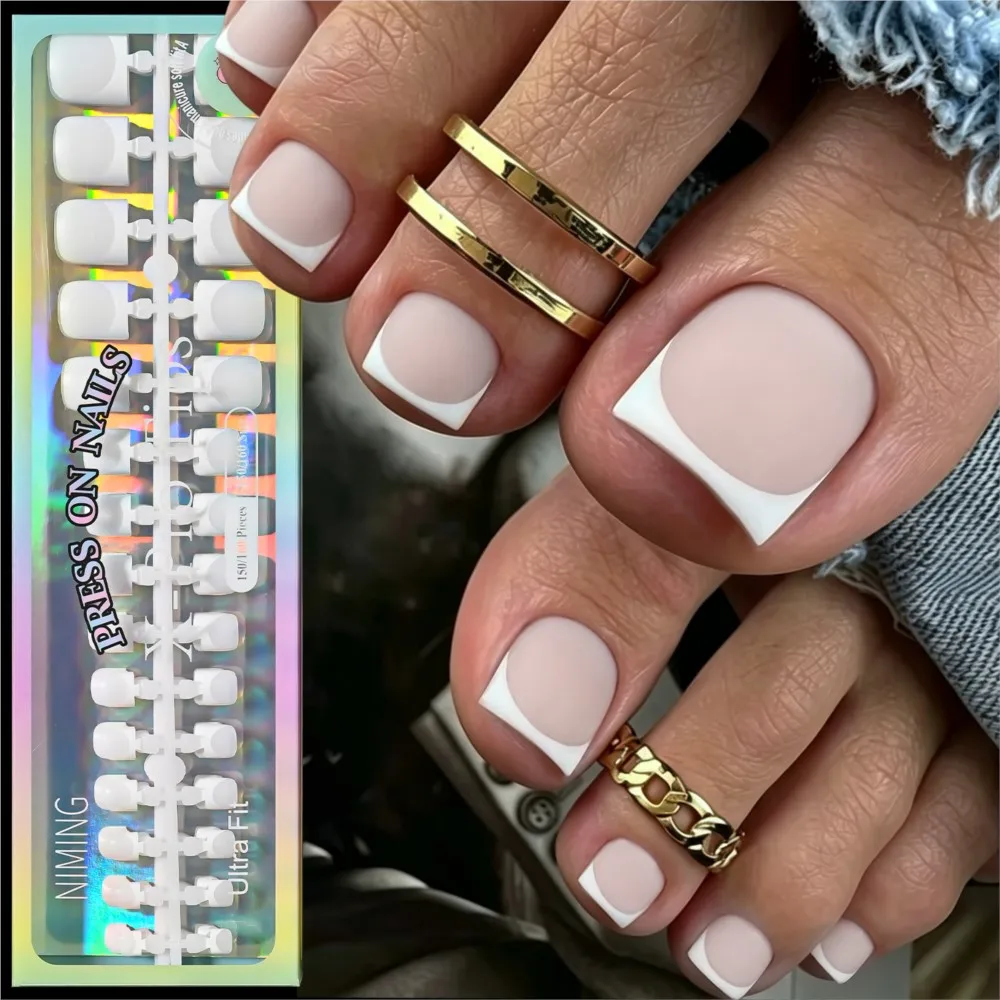 150pcs/box Translucent Grey Matte Press On Toenails Short Square White French Tips False Toenails Full Cover Acrylic Toe Tips U3