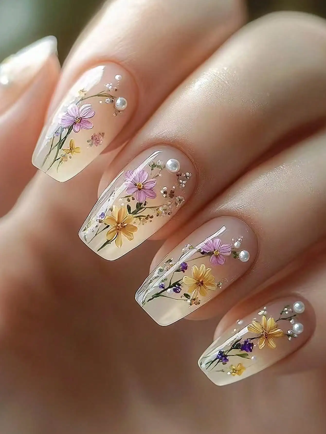 

24Pcs Y2K Flower Press On Nails Long Coffin Glossy Pink Fake Nails With Rhinestone Pearls For Daily Party Date