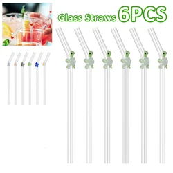 6Pcs Drinking Straws Clear Glass Drinking Staws with Cleaning Brush Cute Flower Tortoise Straws Heat-Resistant Smoothie Straws